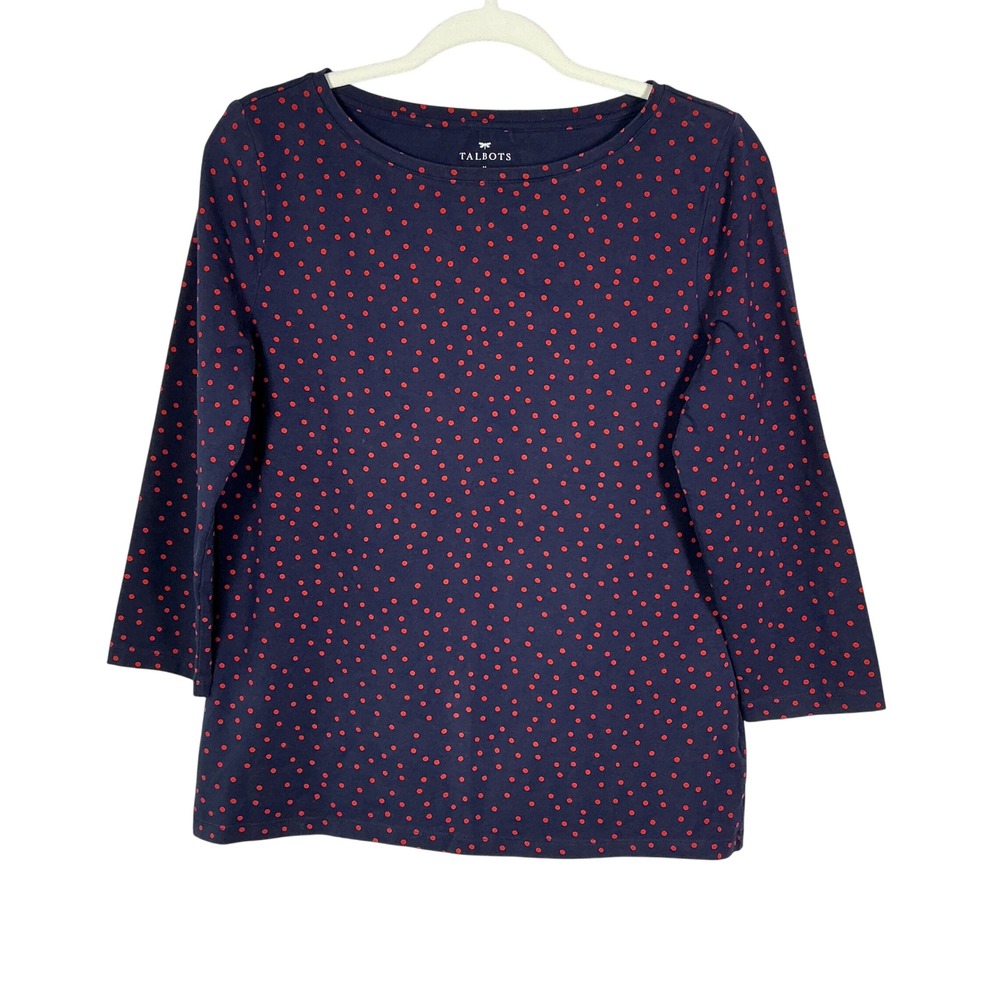 Talbots Womens Navy Blue Red Polka Dot Boatneck 3/4 Sleeve Cotton Top Size M